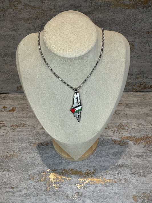 Palestine map necklace with flag